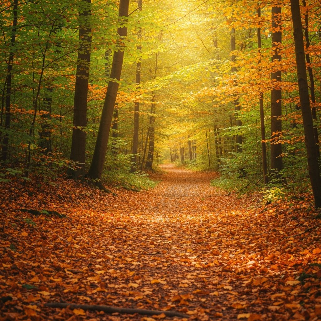 Őszi erdei ösvény narancssárga lombkoronával