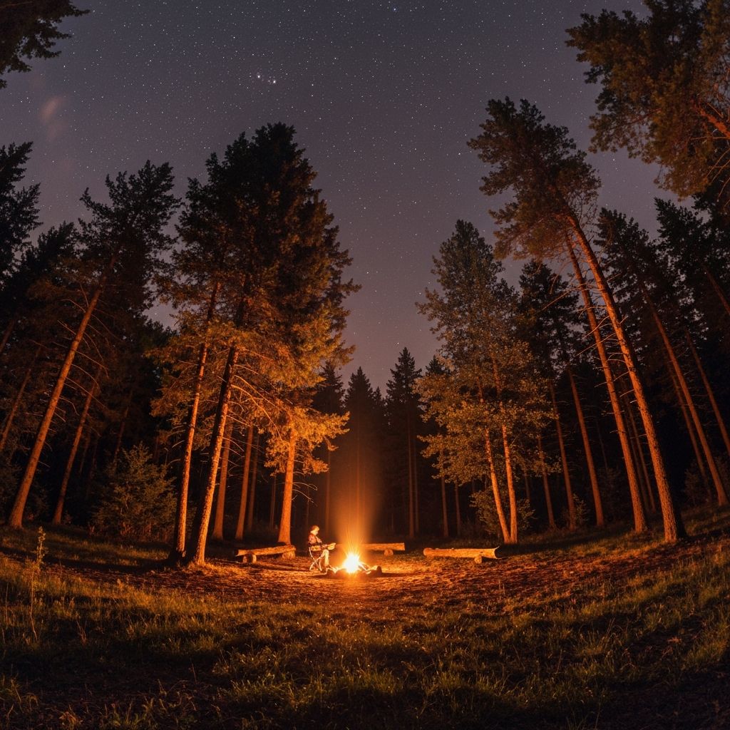 Esti tábortűz erdei tisztáson, csillagos ég alatt