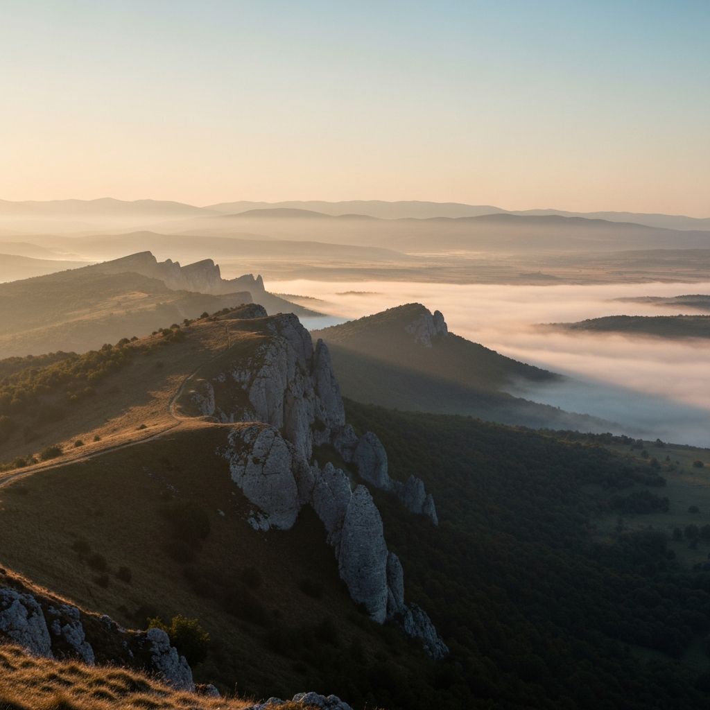 Hajnali táj, ködös völgy egy kiemelkedés mögött