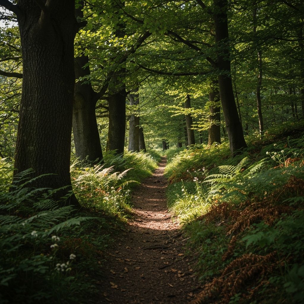 Erdei ösvény fák között, szűrt napsütésben